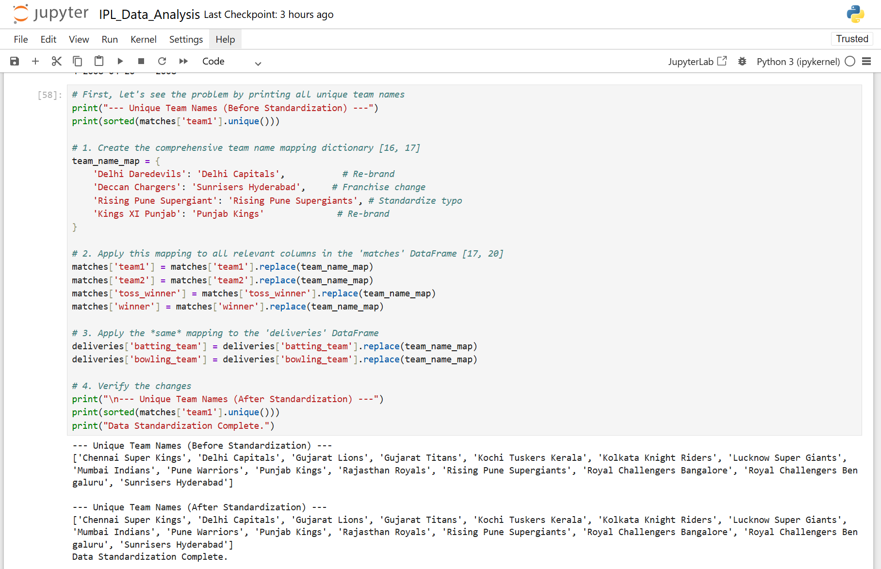 Team name mapping code showing before and after standardization