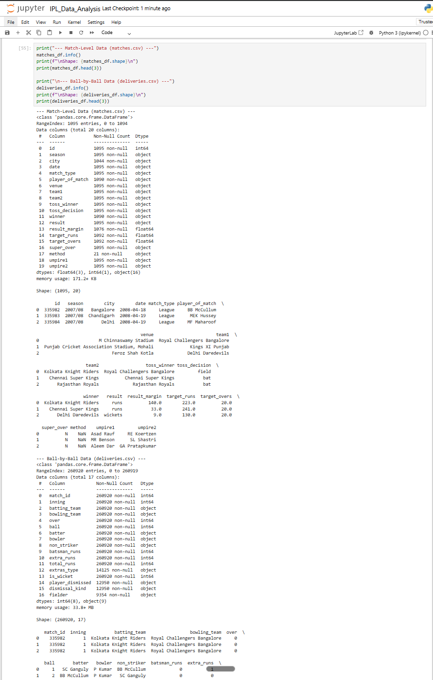 IPL Data Inspection showing matches.info() and deliveries.info() output